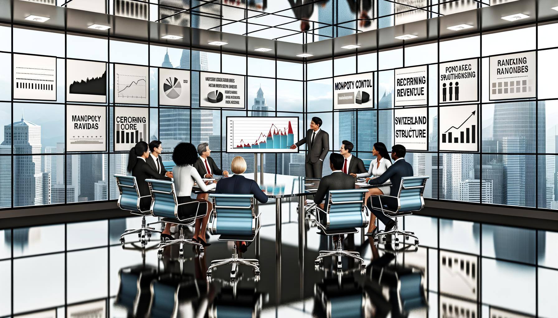 A sleek, modern office setting filled with large glass paneled windows exhibiting a sprawling city skyline. In the foreground, a group of professional